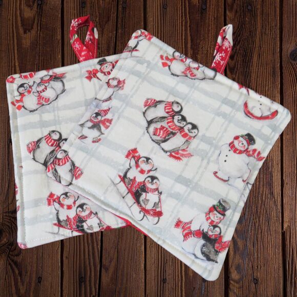 Handmade Potholder, Set of 2, Reversible Christmas Snowmen and Penguins - Picture 5 of 6